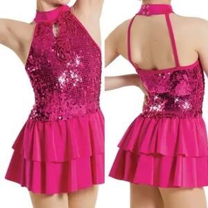 Weissman Balera Dance costume hot pink sassy fringe dress Hair 11734 MC child